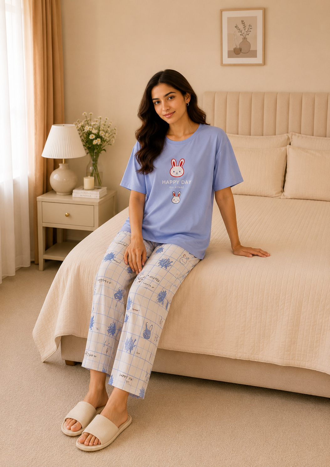 Happy Day Bunny Print Women Nightwear Set