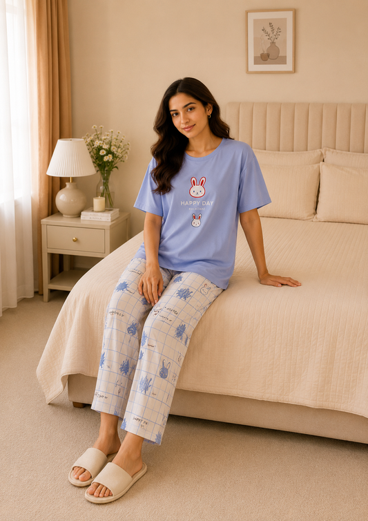 Happy Day Bunny Print Women Nightwear Set