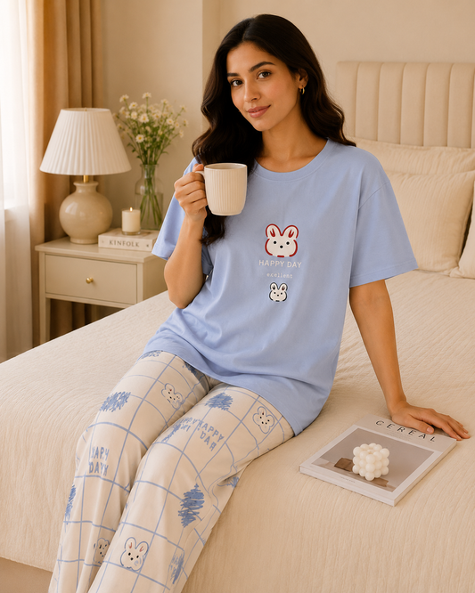 Happy Day Bunny Print Women Nightwear Set