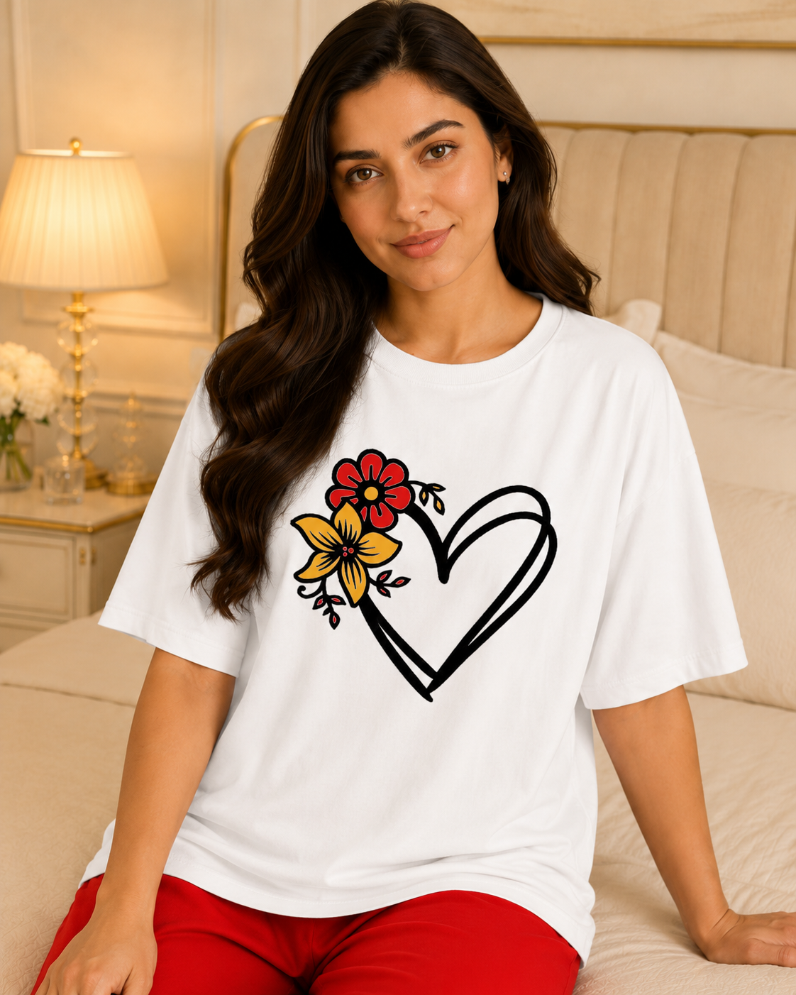 Flower Heart Printed White T-shirt and Red Pajama Night Suit