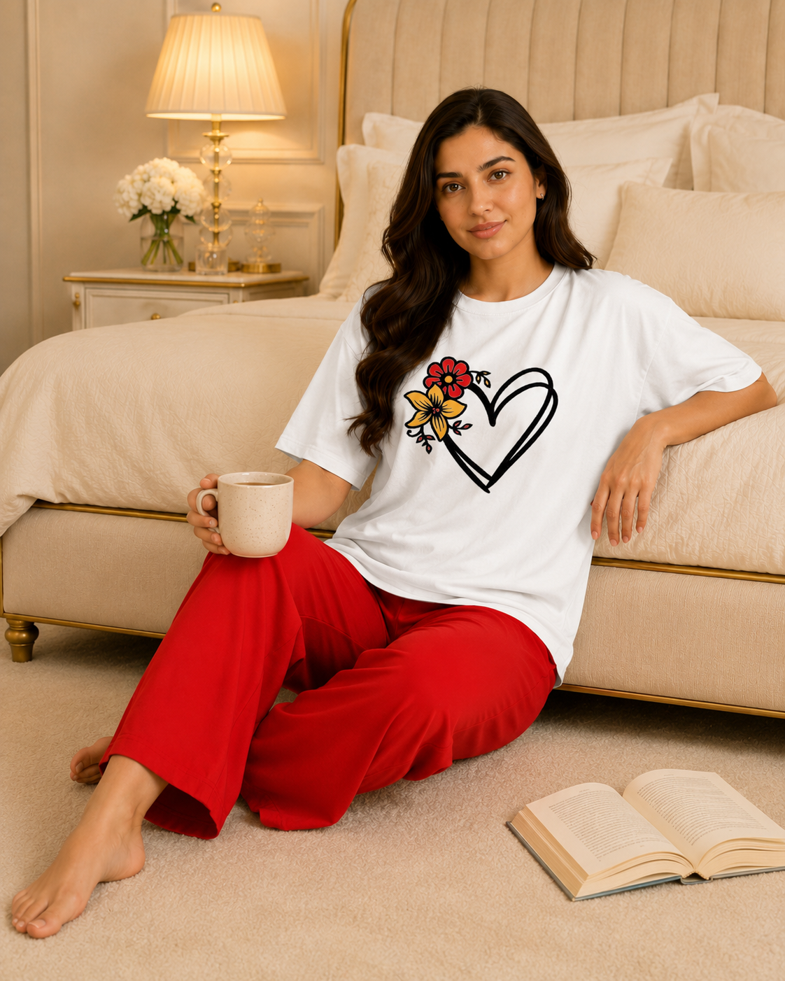 Flower Heart Printed White T-shirt and Red Pajama Night Suit