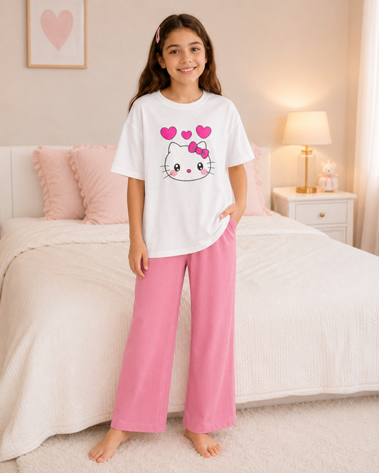 Kitty Print White T-Shirt & Pink Pajama Night Suit