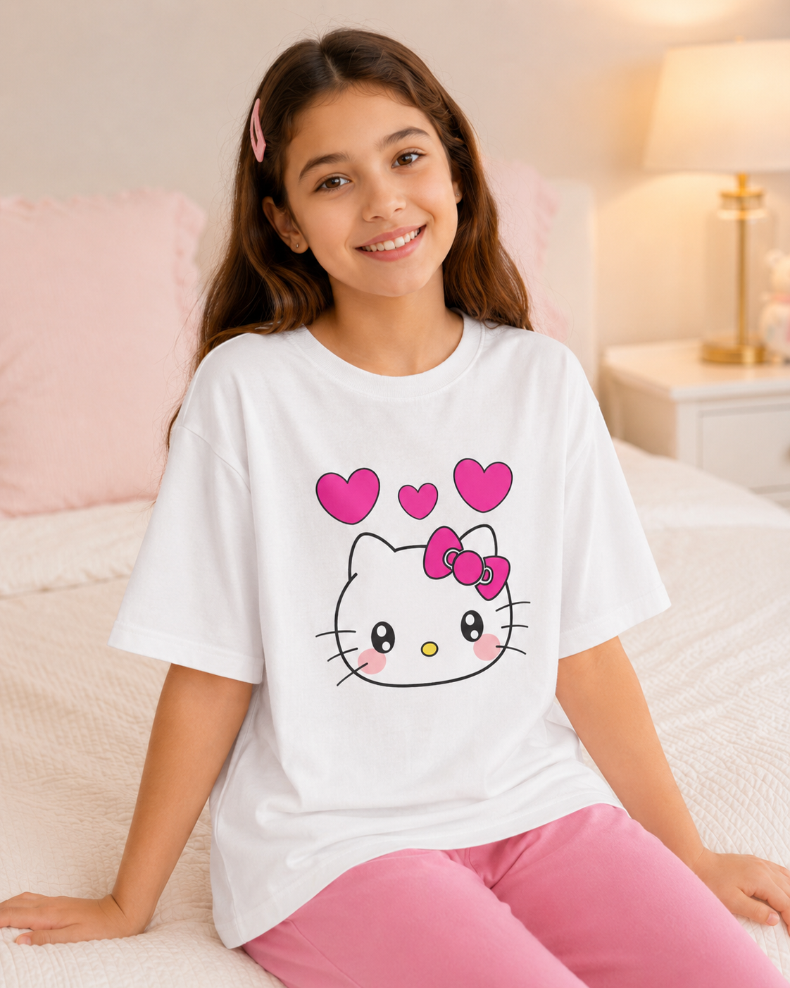 Kitty Print White T-Shirt & Pink Pajama Night Suit