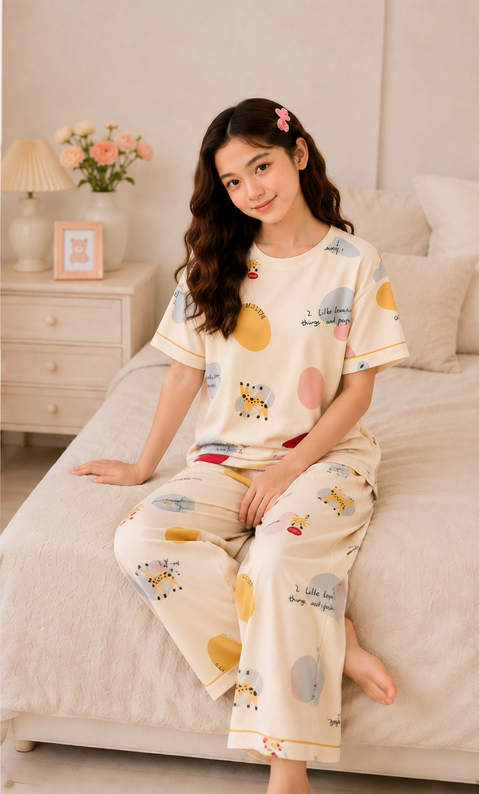 Light Beige Giraffe Girls Night Suit - seated on bed