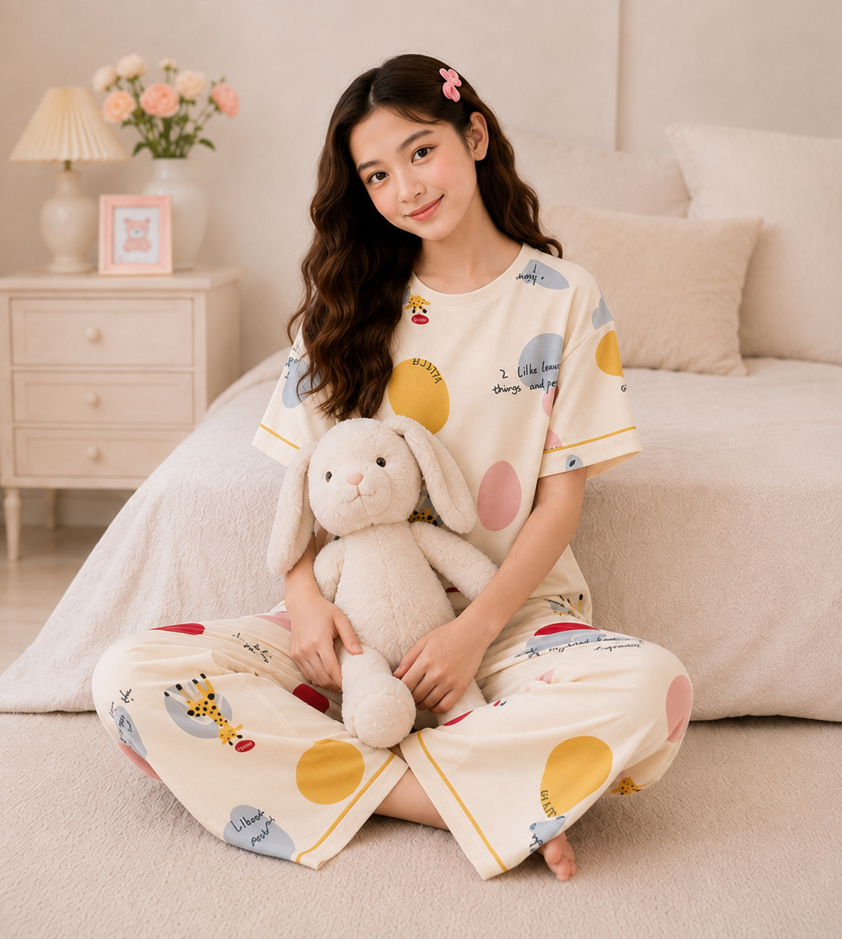 Light Beige Giraffe Girls Night Suit - bunny lifestyle view