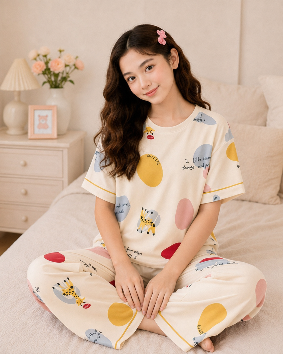 Light Beige Giraffe Girls Night Suit - cross-legged view