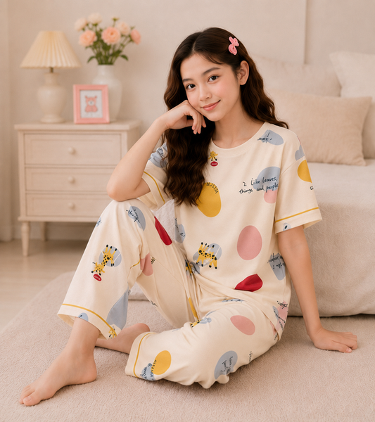 Light Beige Giraffe Girls Night Suit - lifestyle view