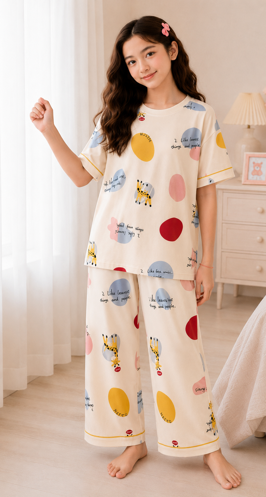 Light Beige Giraffe Girls Night Suit - standing view