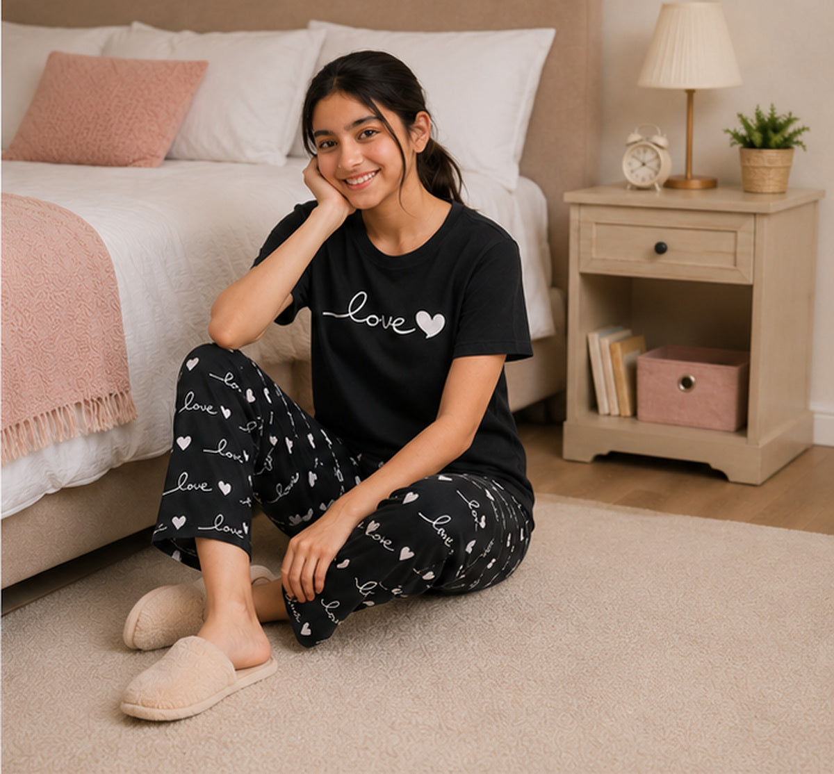 Love Printed Girls Night Suit floor sitting view