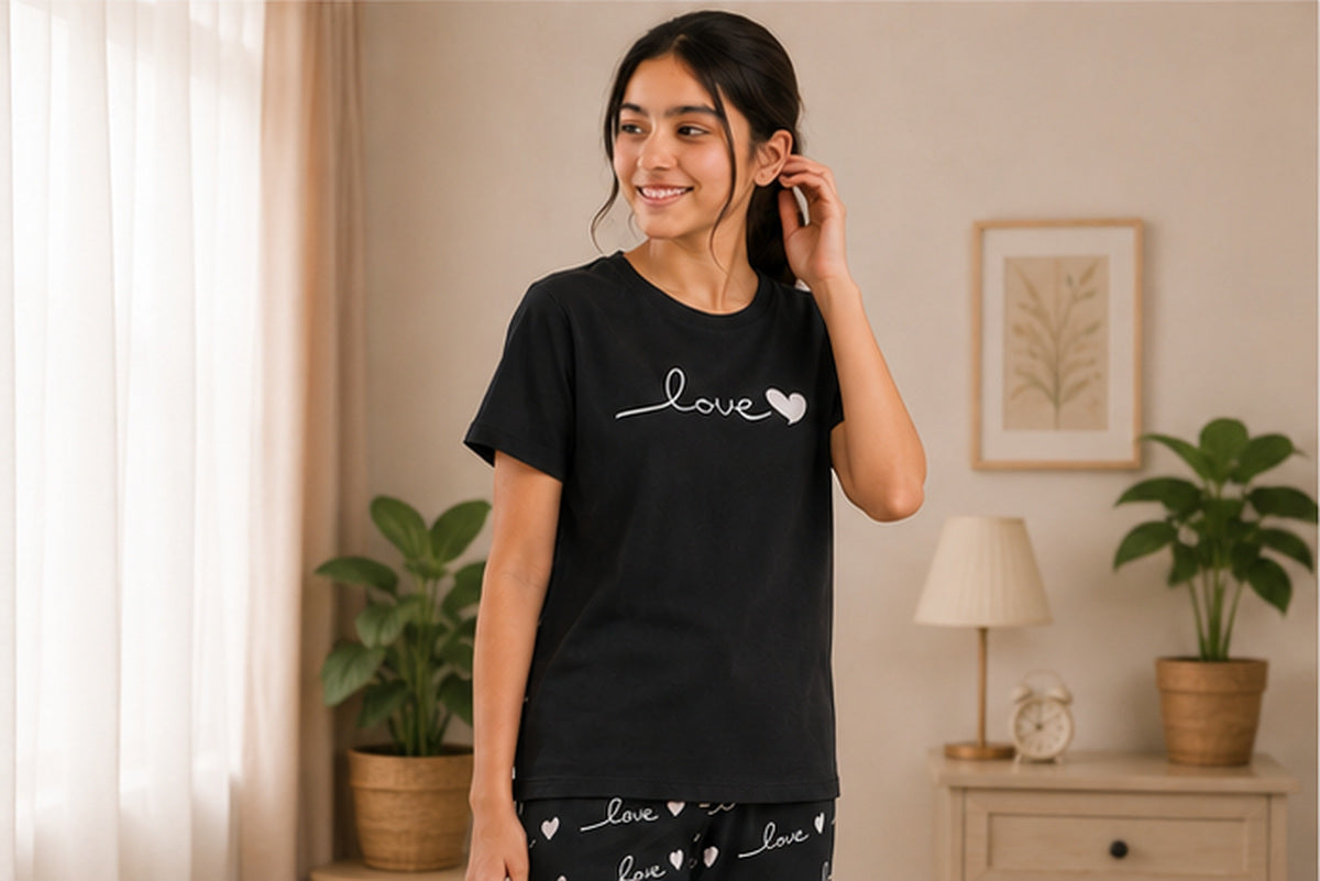 Love Printed Girls Night Suit fabric and print closeup
