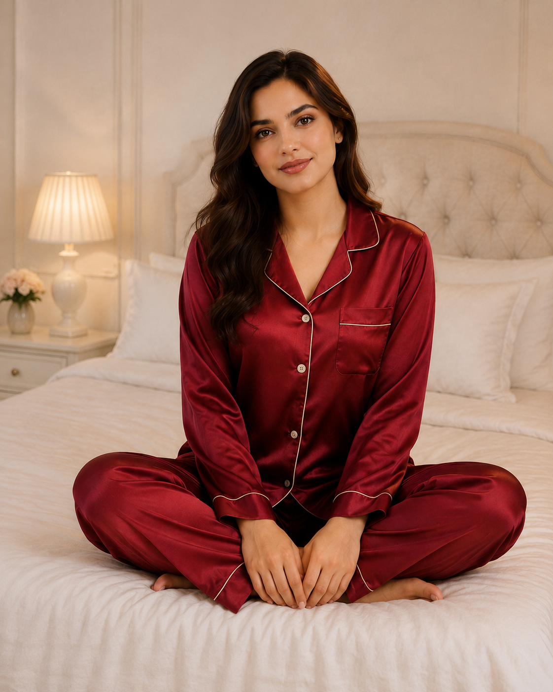 Maroon Silk Night Suit for Women and Girls