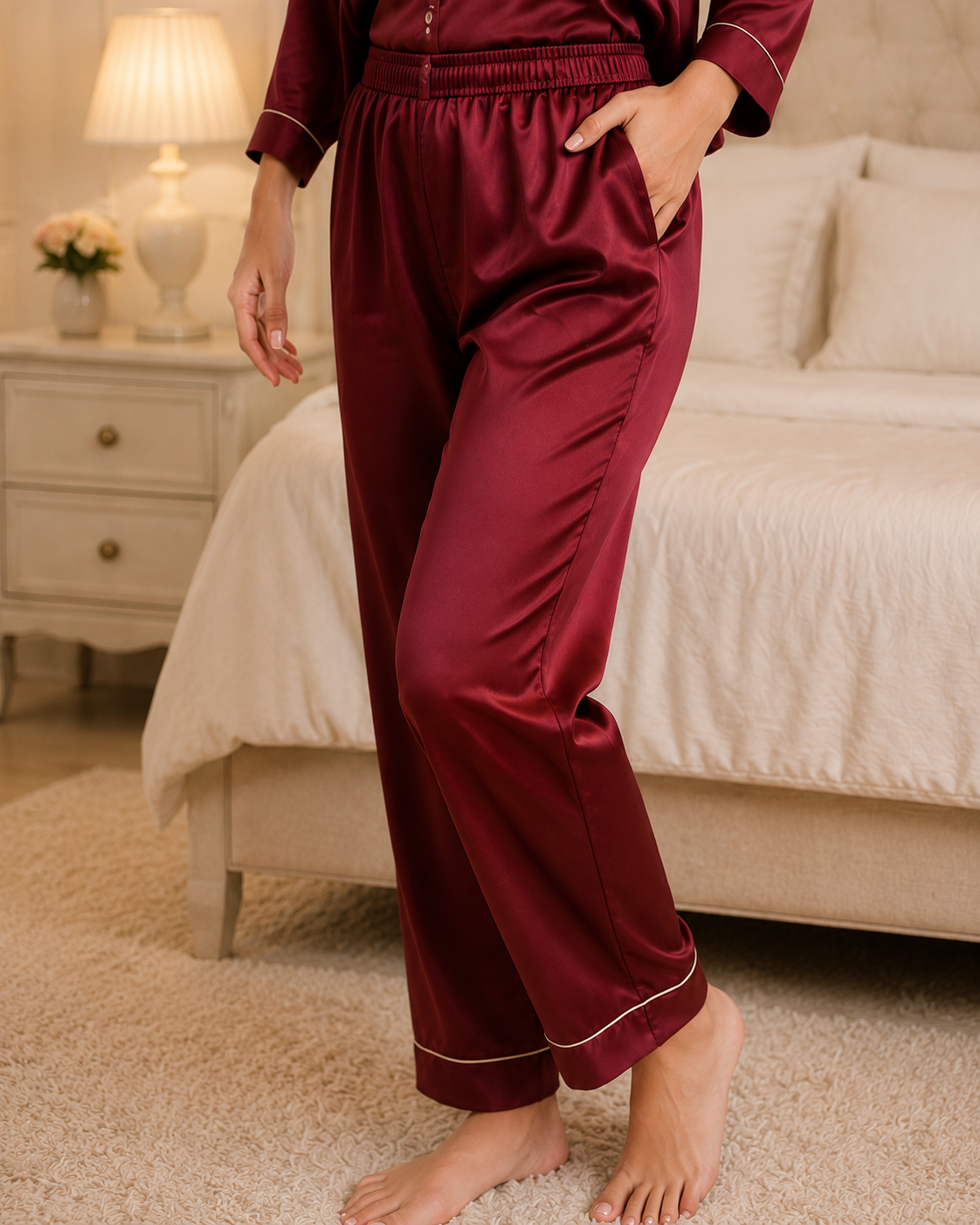 Maroon Silk Night Suit for Women and Girls