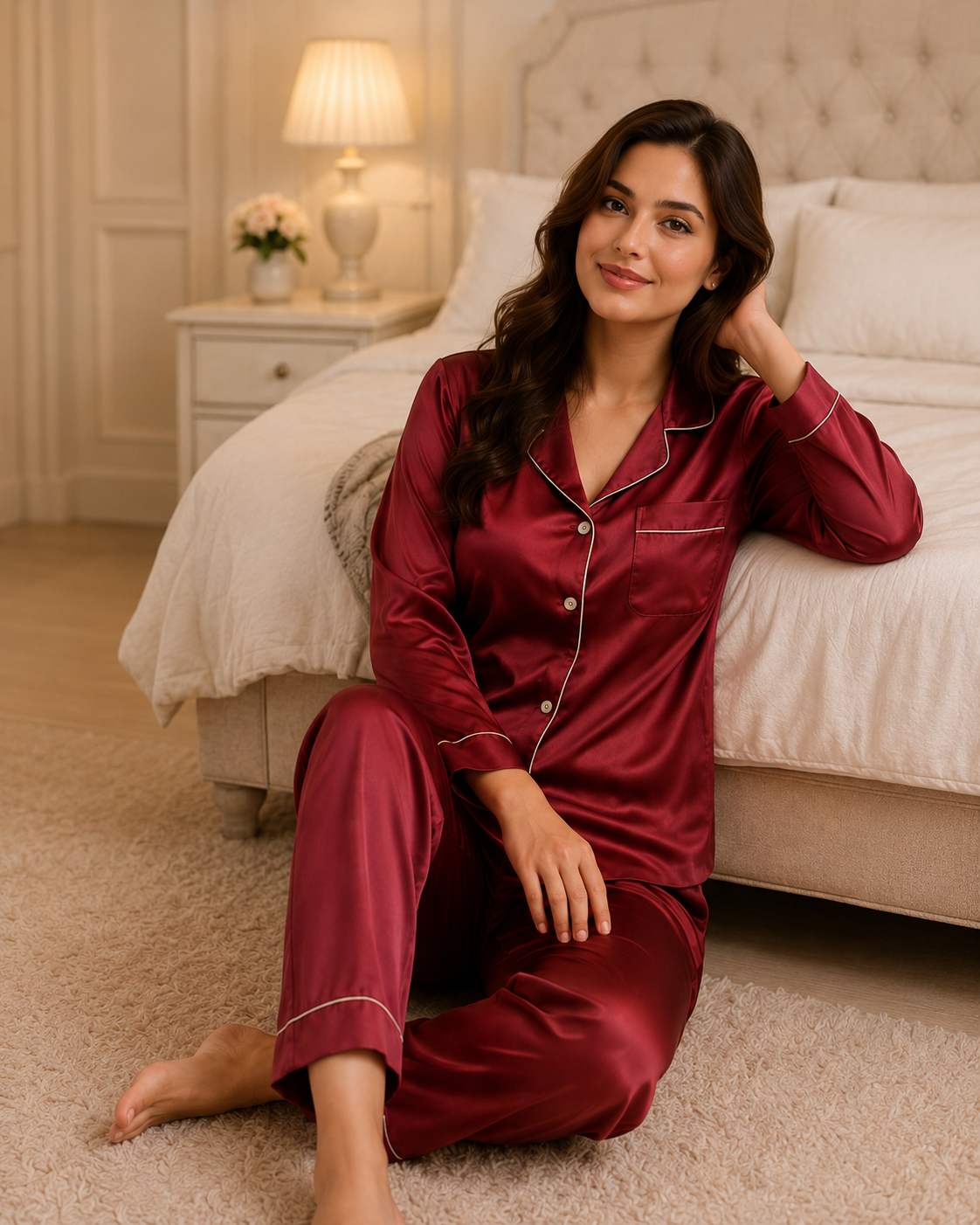 Maroon Silk Night Suit for Women and Girls