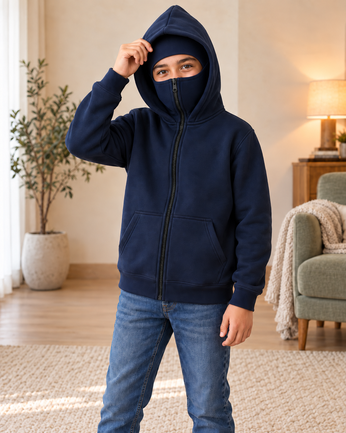 Kids Navy Ninja High-Zip Hooded Jacket