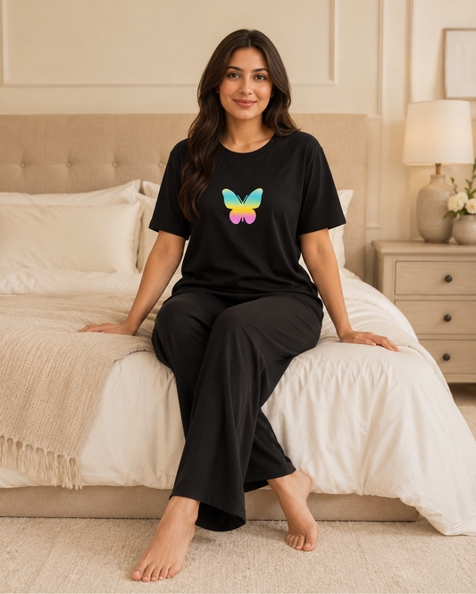 New butterfly black T-shirt and black pajama women night suit model hero