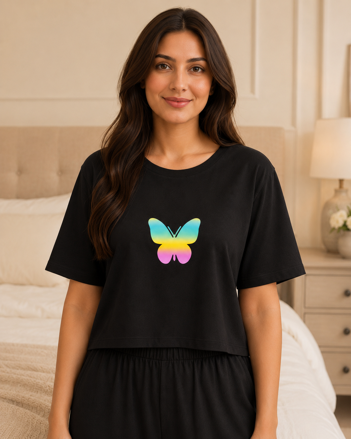 New Butterfly Printed Black T-shirt and Black Pajama Night Suit