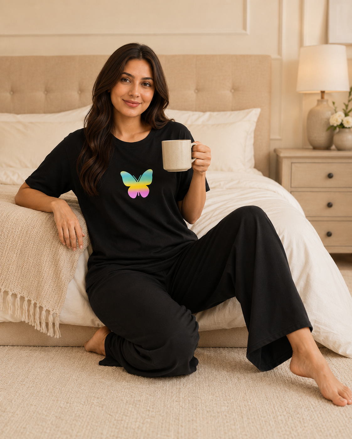 New Butterfly Printed Black T-shirt and Black Pajama Night Suit