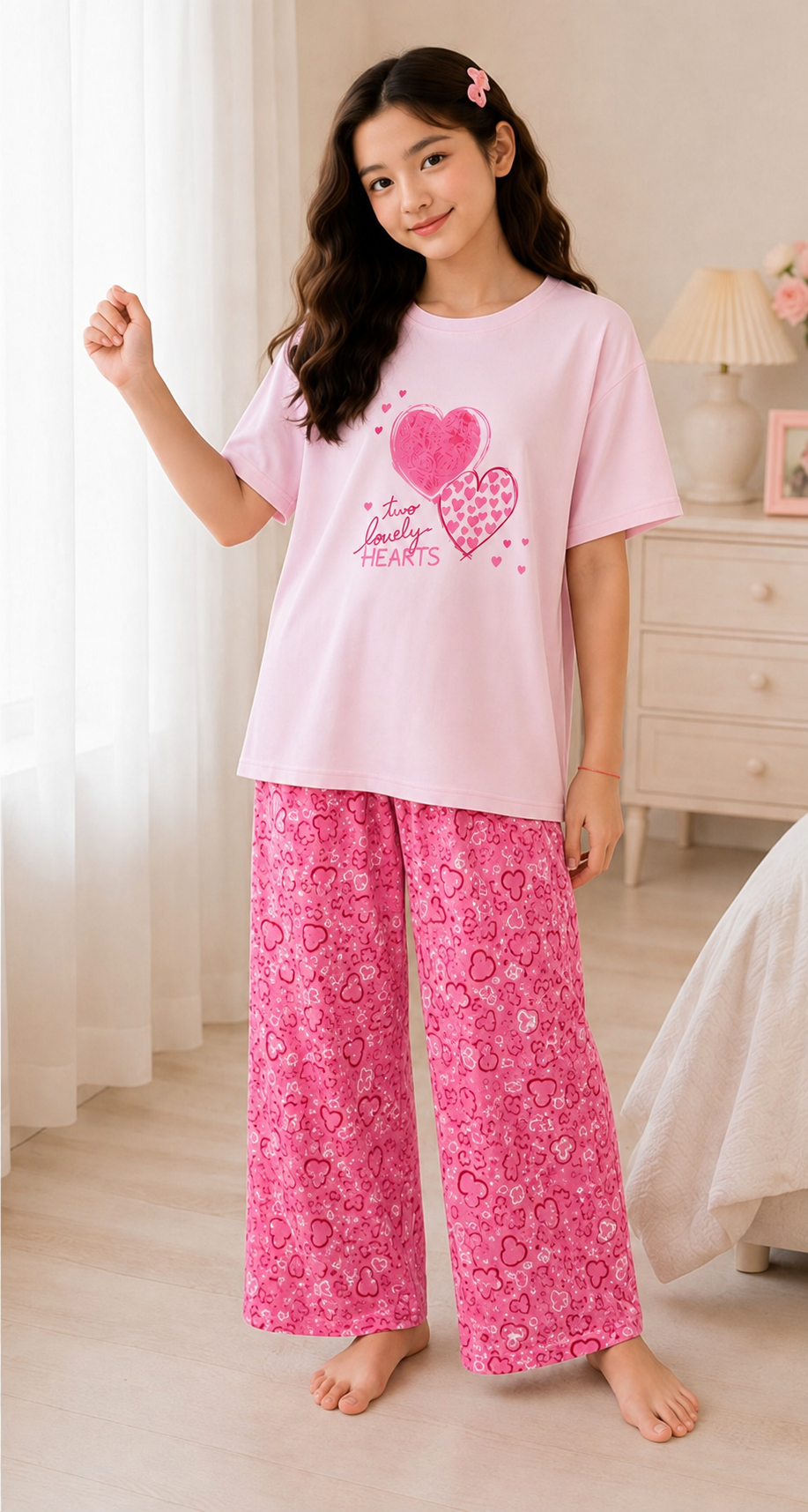 Pink Lovely Hearts Girls Night Suit - standing view