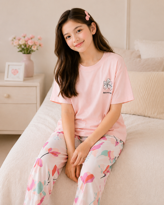 Pink Birds Printed Pink T-shirt and White pajama