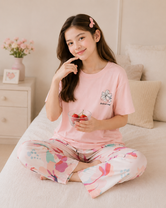 Pink Birds Printed Pink T-shirt and White pajama