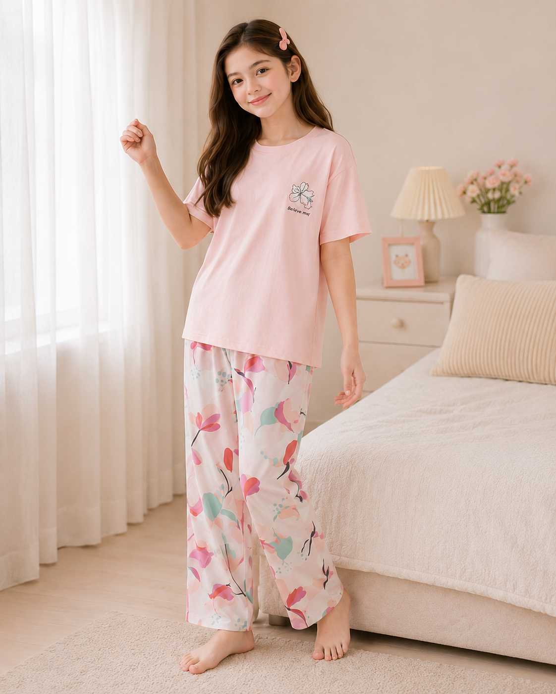 Pink Birds Printed Pink T-shirt and White pajama