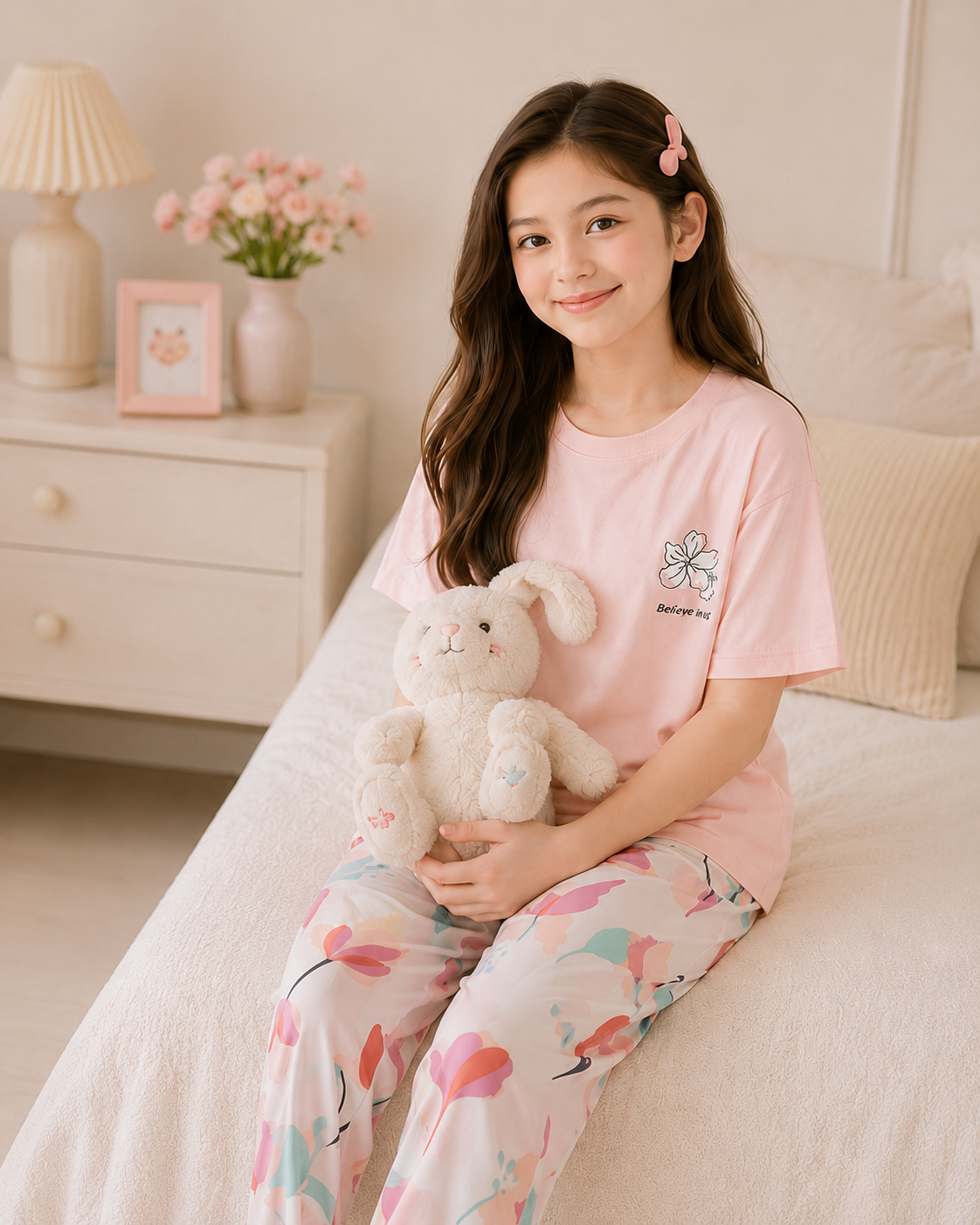 Pink Birds Printed Pink T-shirt and White pajama