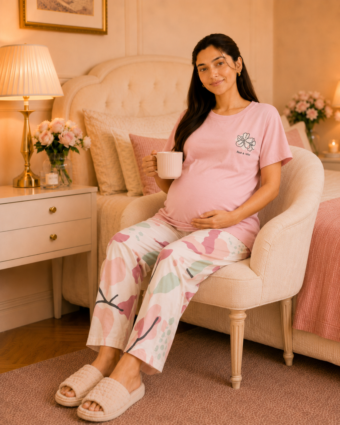 Pink Bird Maternity Cotton Night Suit