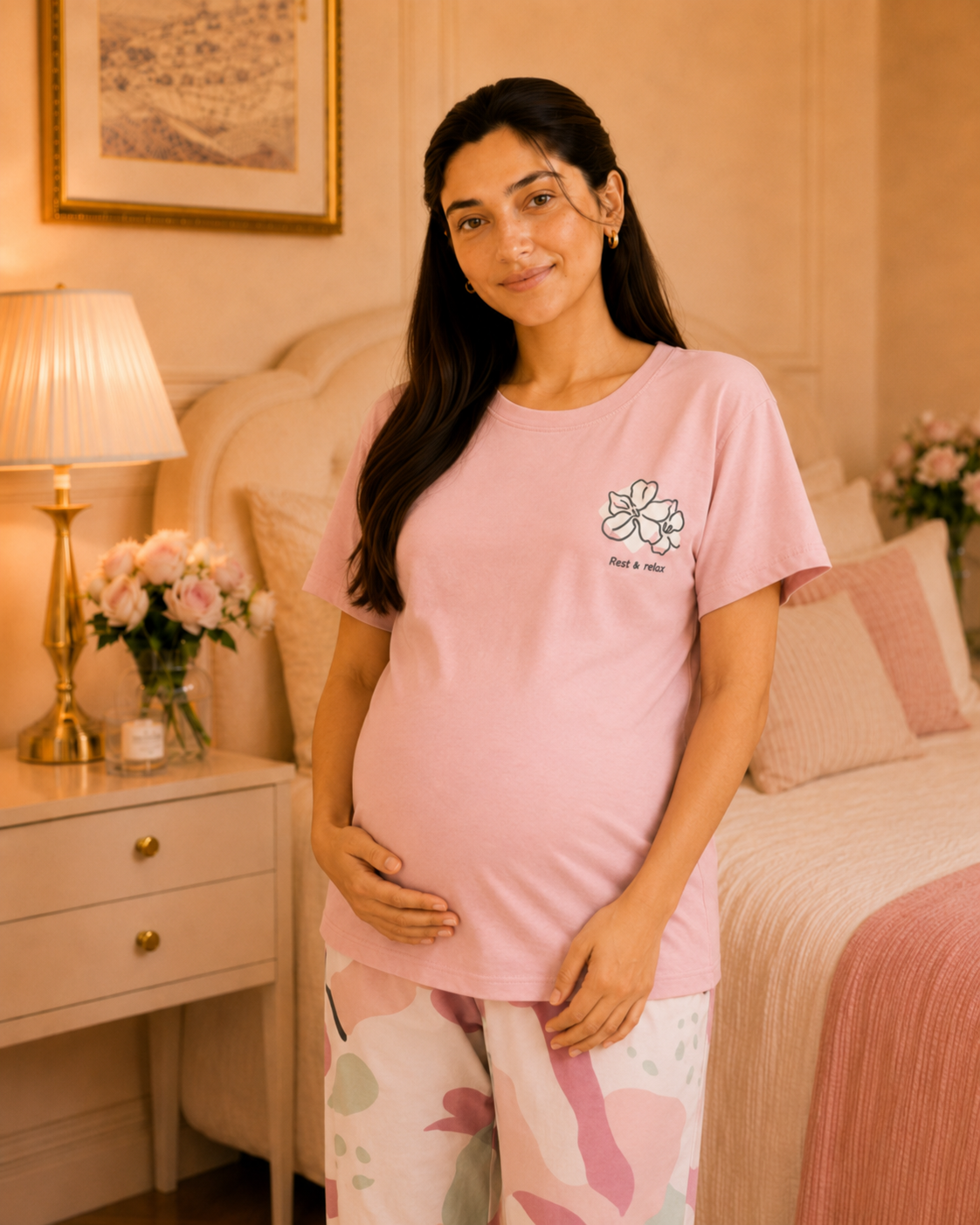 Pink Bird Maternity Cotton Night Suit