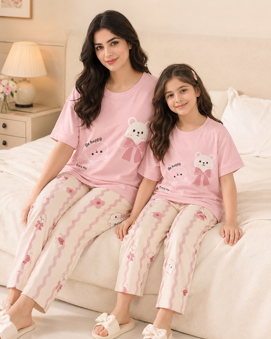Mom & Daughter Matching Cotton Night Suit – Pink Panda