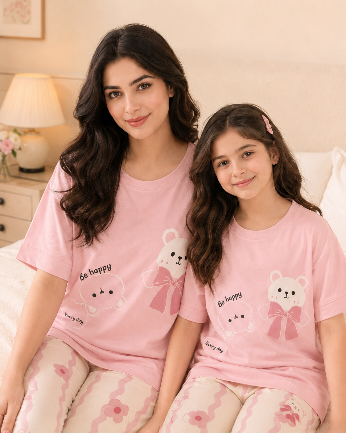 Mom & Daughter Matching Cotton Night Suit – Pink Panda