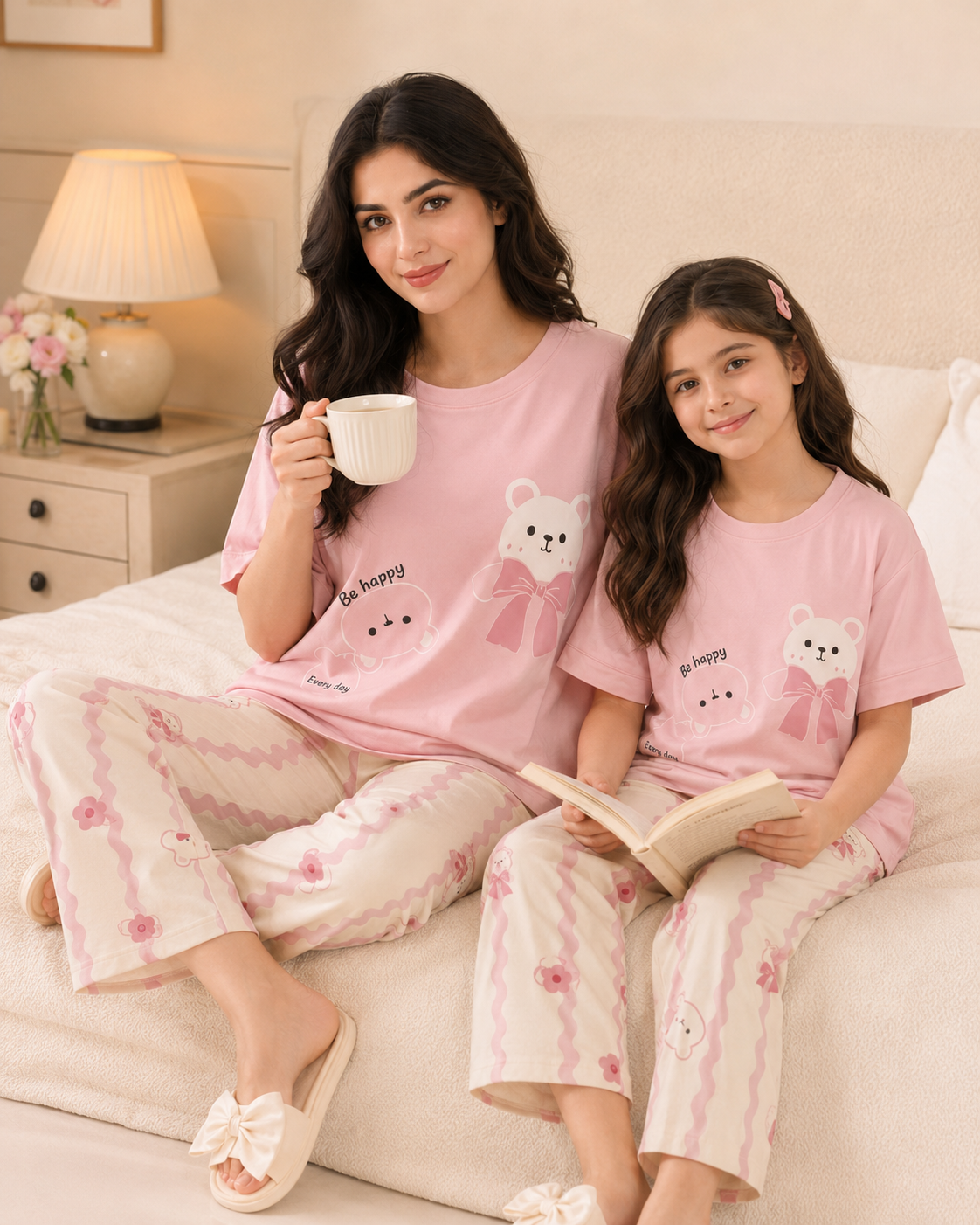 Mom & Daughter Matching Cotton Night Suit – Pink Panda