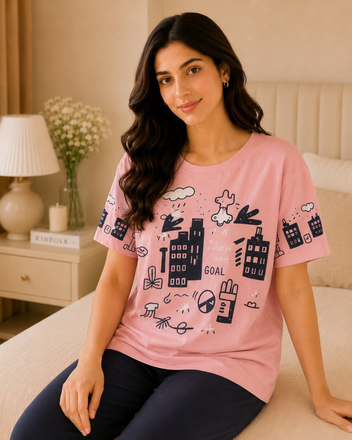 Pink Planet Printed Night Suit
