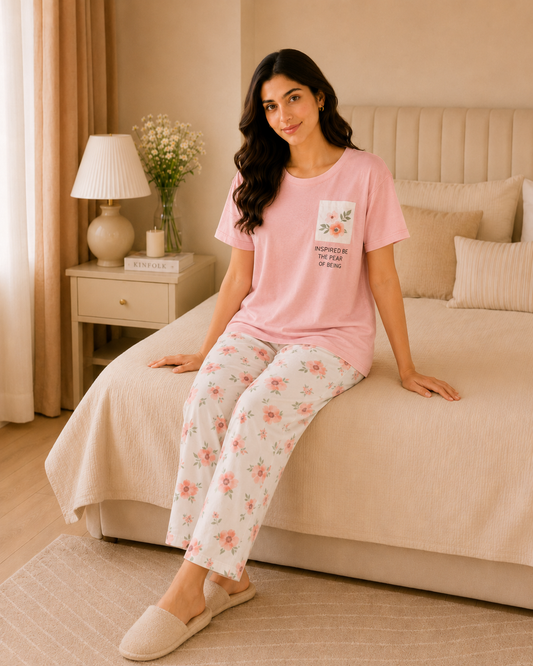 Pink Pocket Printed Night Suit