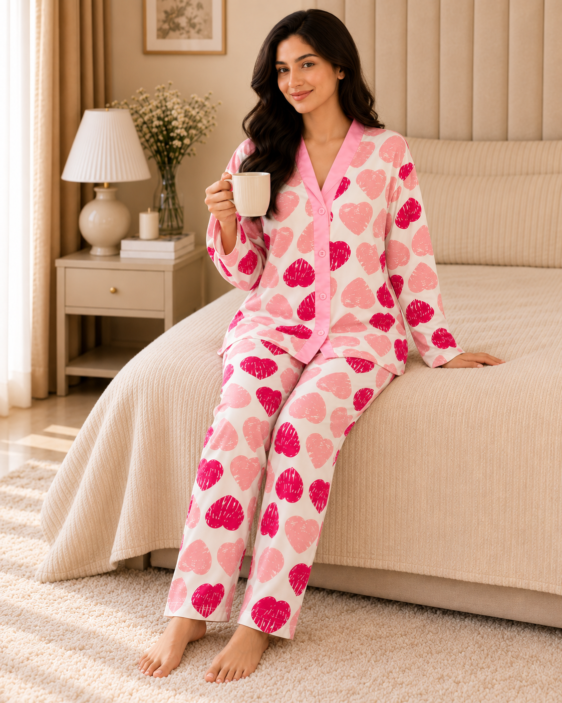 Pink Heart Premium bottom down Night Suit
