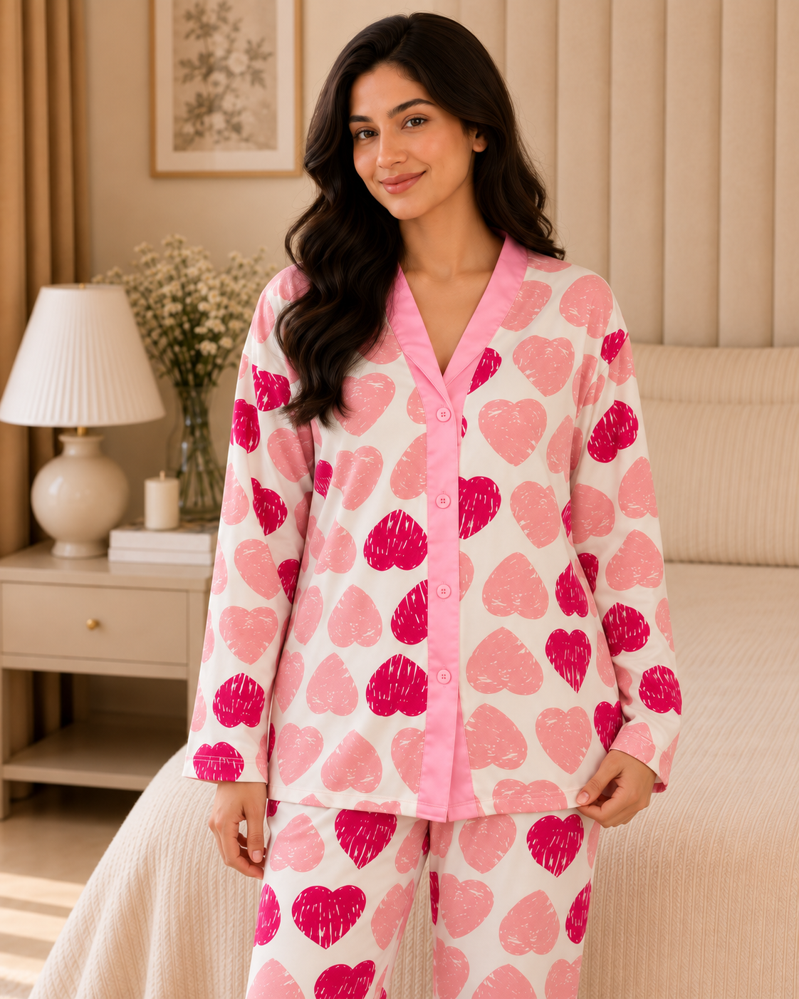 Pink Heart Premium bottom down Night Suit