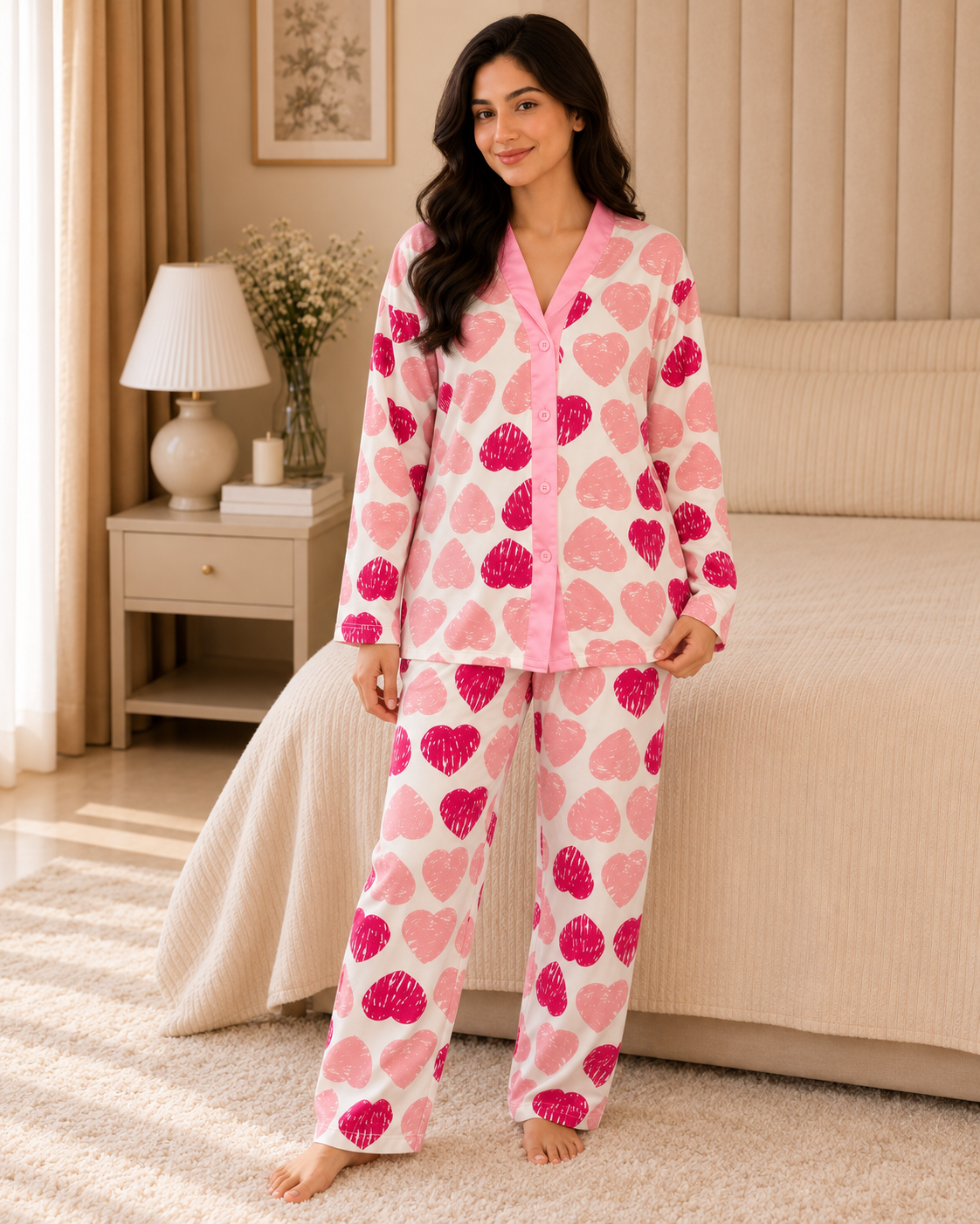 Pink Heart Premium bottom down Night Suit