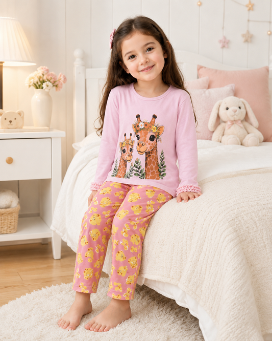 Pink Giraffe Printed Kids Nightwear