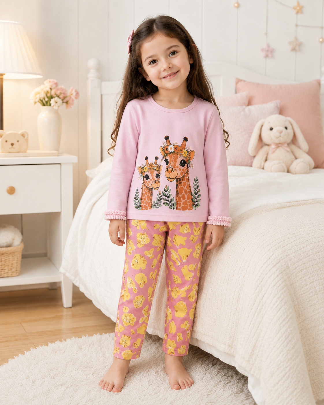 Pink Giraffe Printed Kids Nightwear