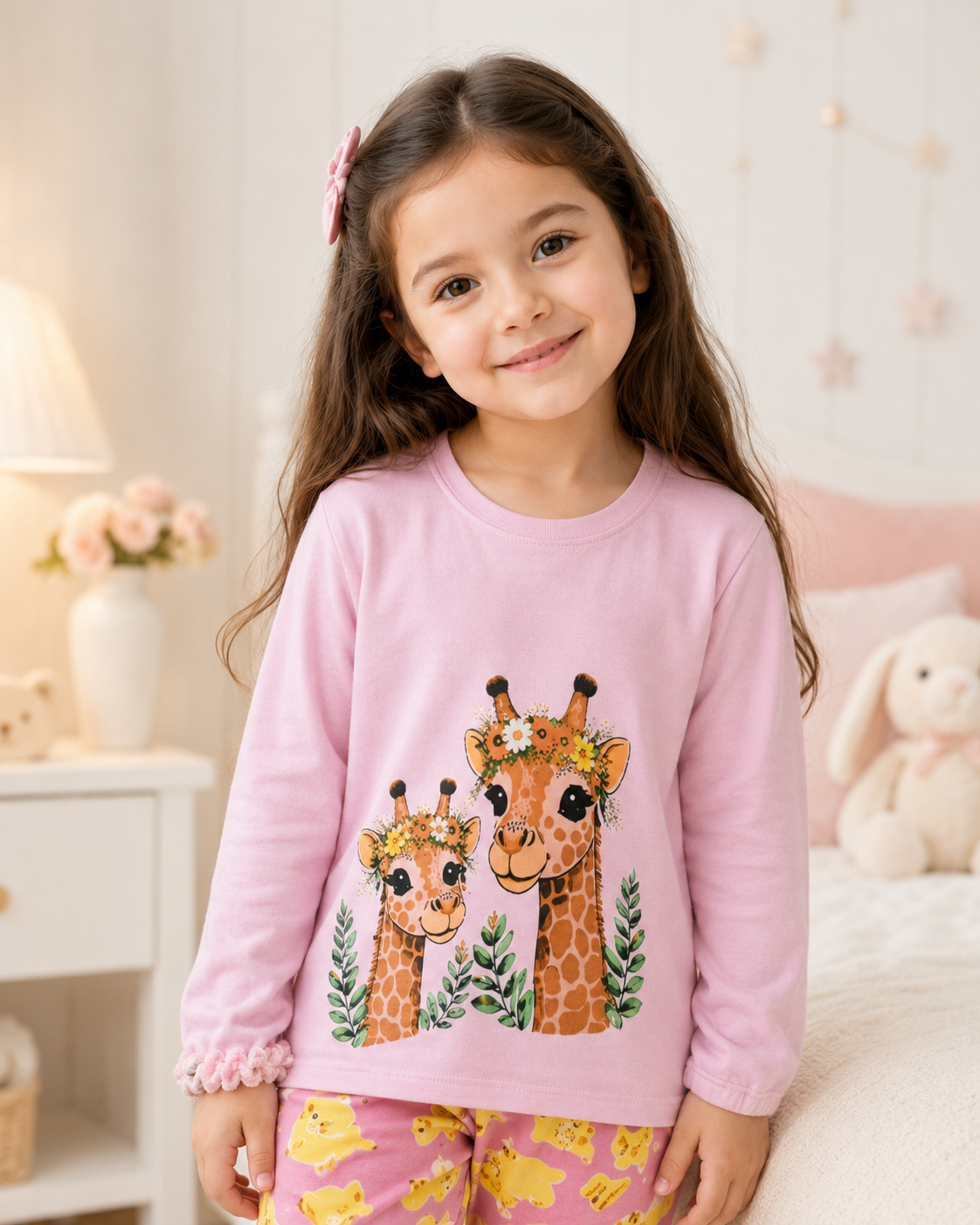 Pink Giraffe Printed Kids Nightwear