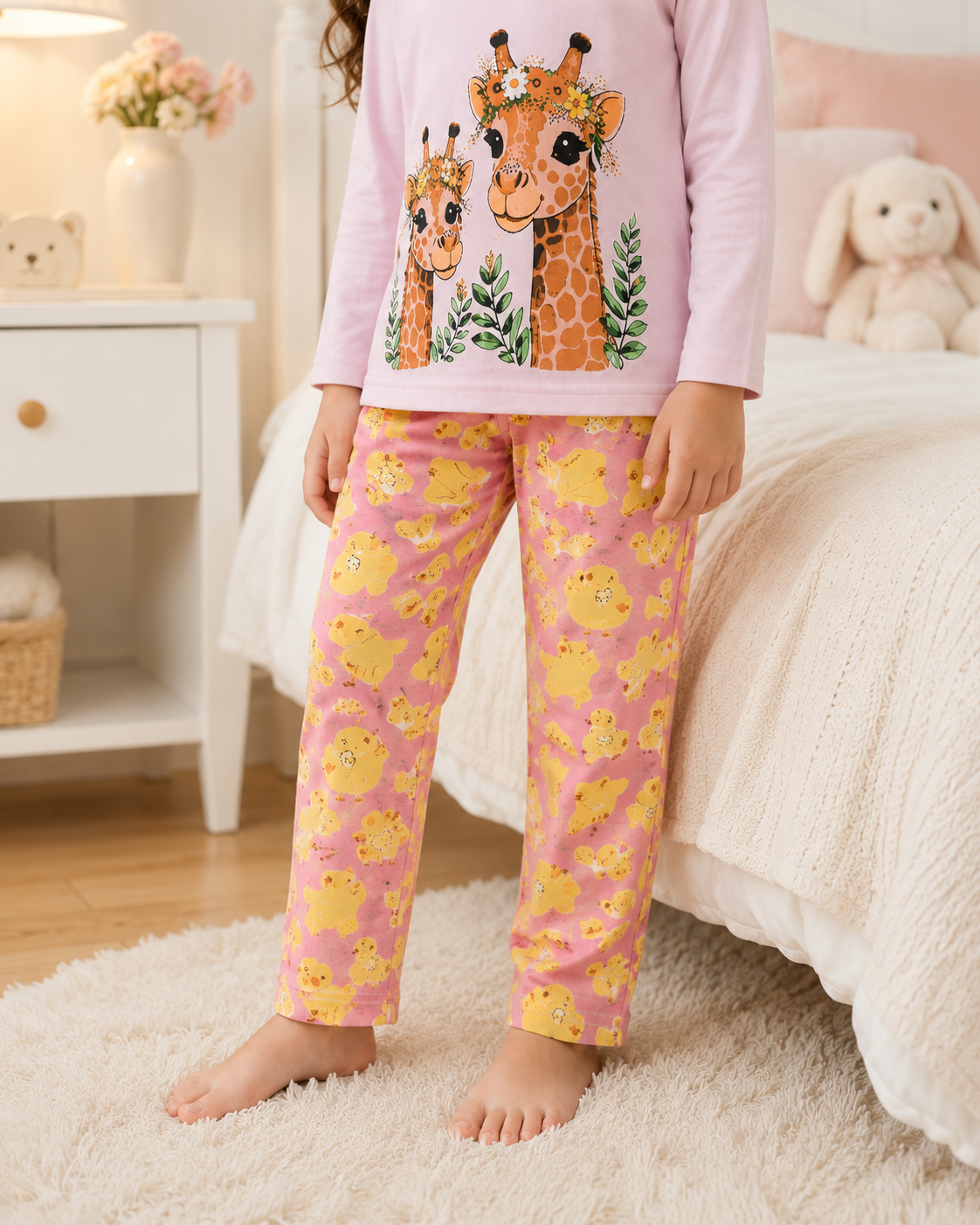 Pink Giraffe Printed Kids Nightwear