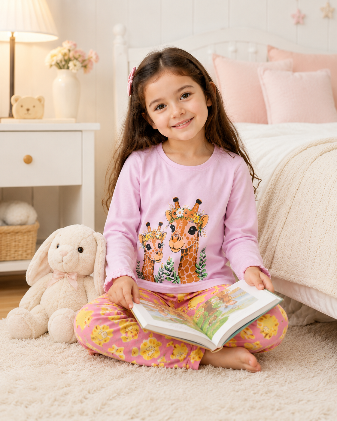 Pink Giraffe Printed Kids Nightwear