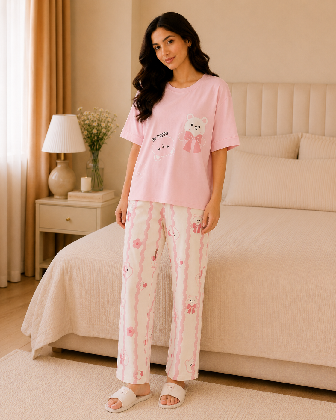 Pink Bear Bow Night Suit