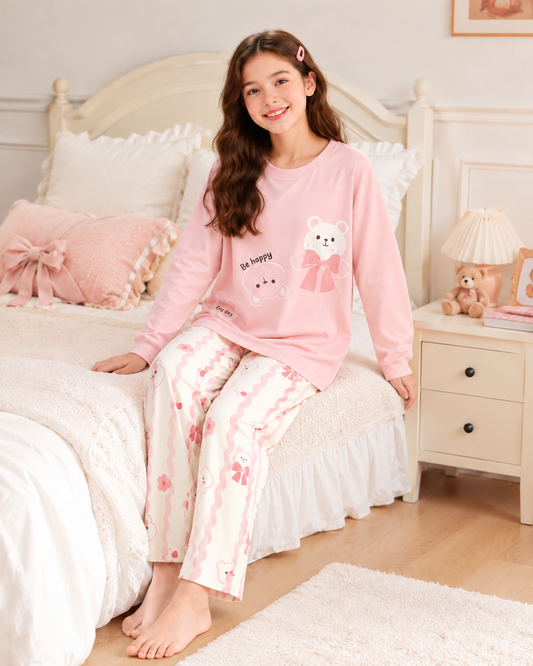 Pink panda Full Sleeve Night Suit for Girls