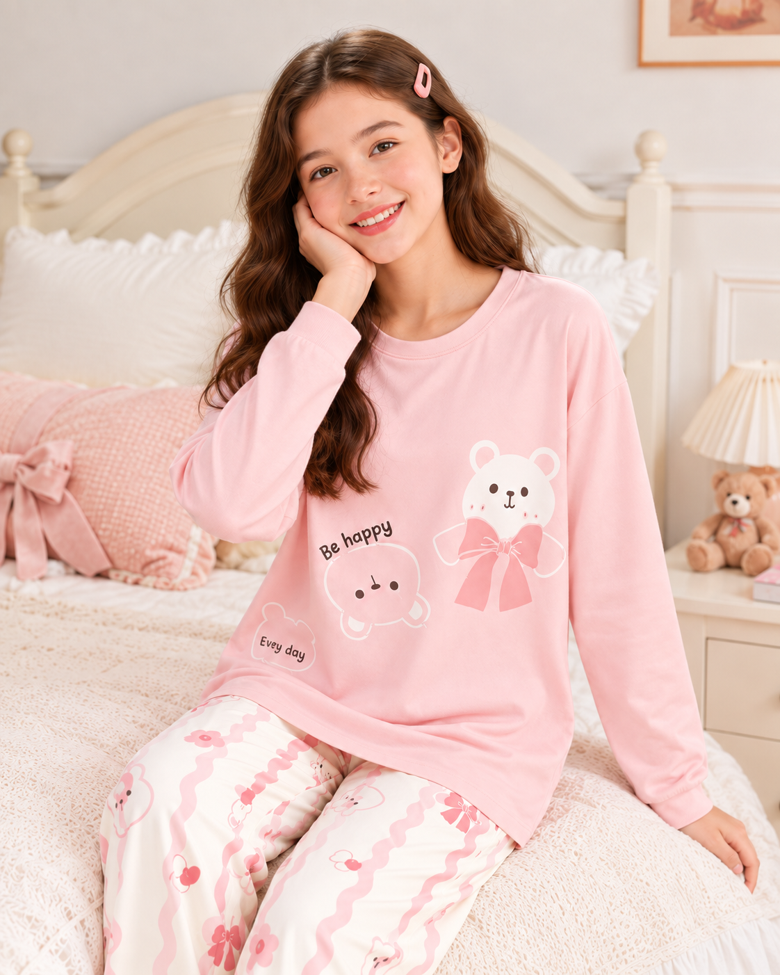 Pink panda Full Sleeve Night Suit for Girls