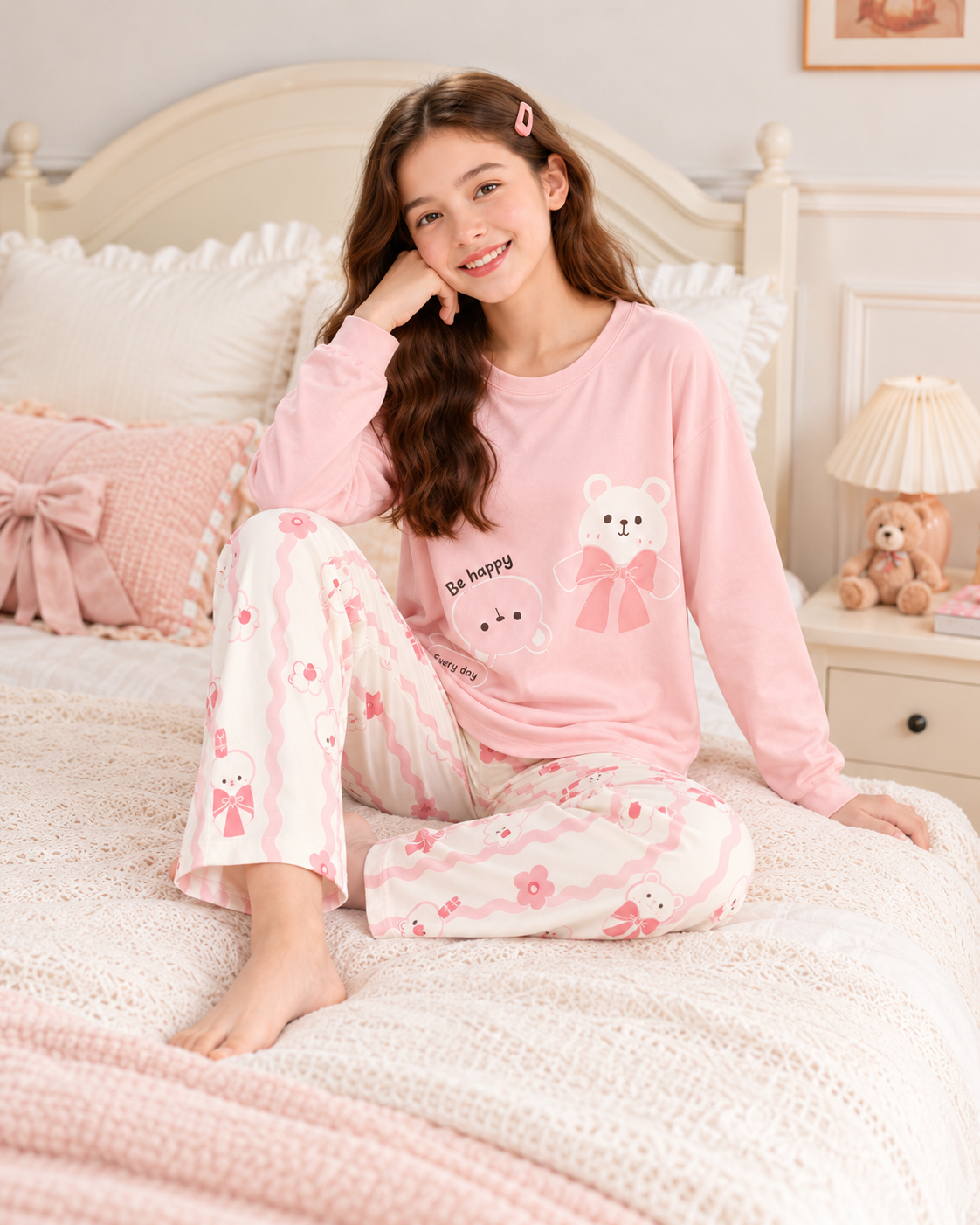 Pink panda Full Sleeve Night Suit for Girls
