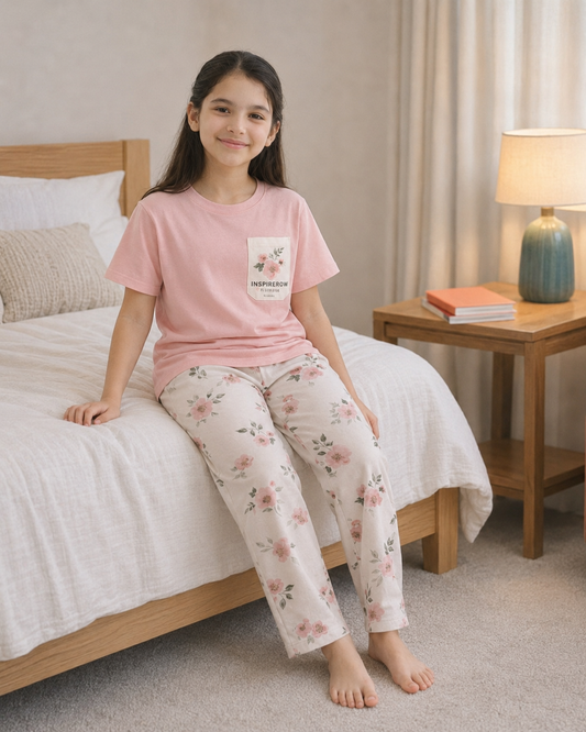 Pink pocket  Printed pink T-shirt and whitevpajama