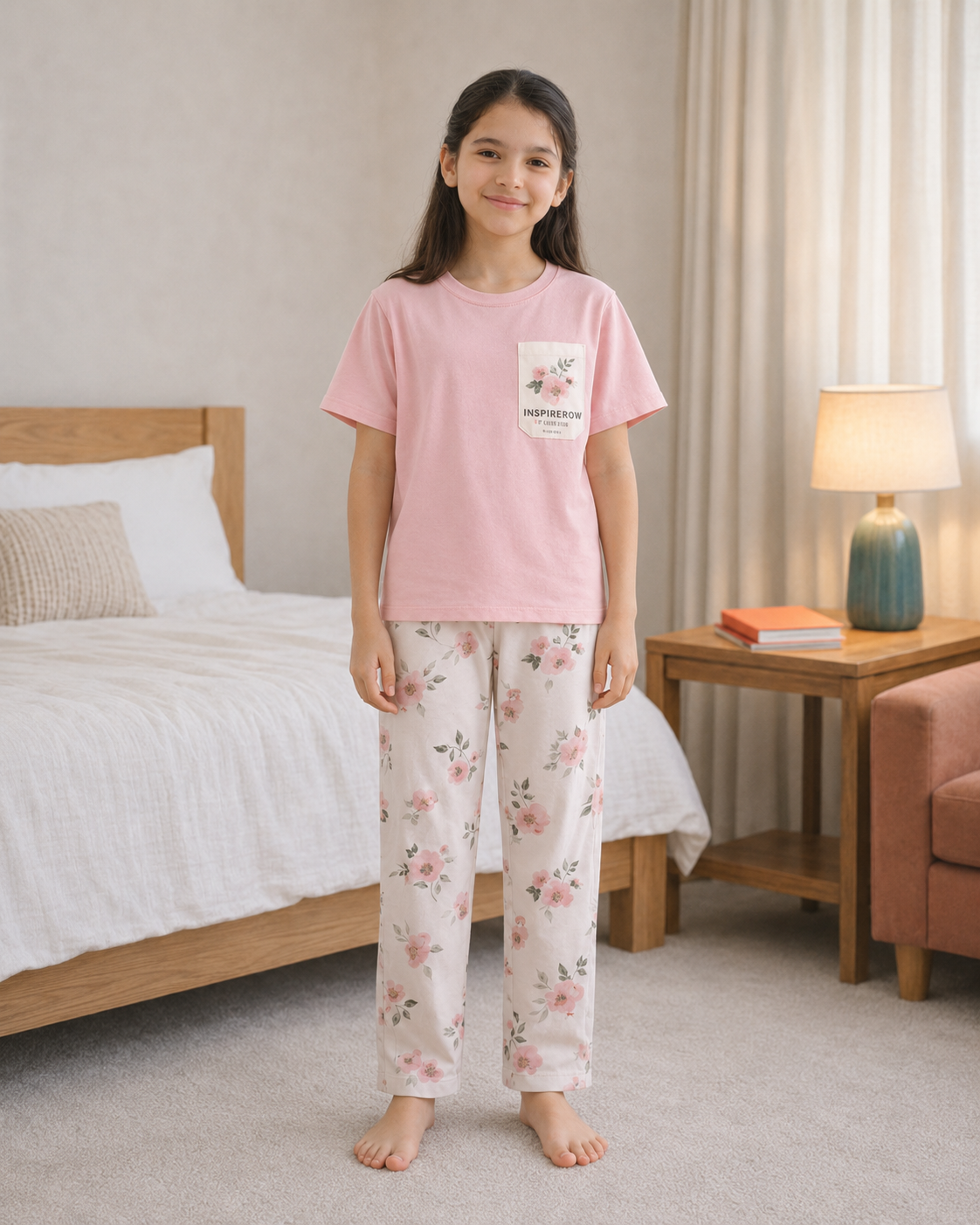 Pink pocket  Printed pink T-shirt and whitevpajama