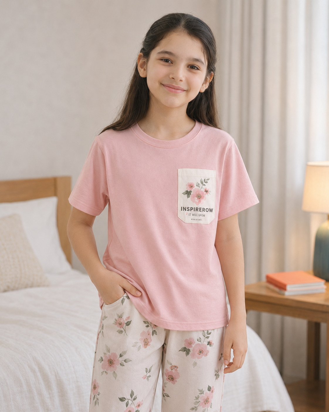 Pink pocket  Printed pink T-shirt and whitevpajama