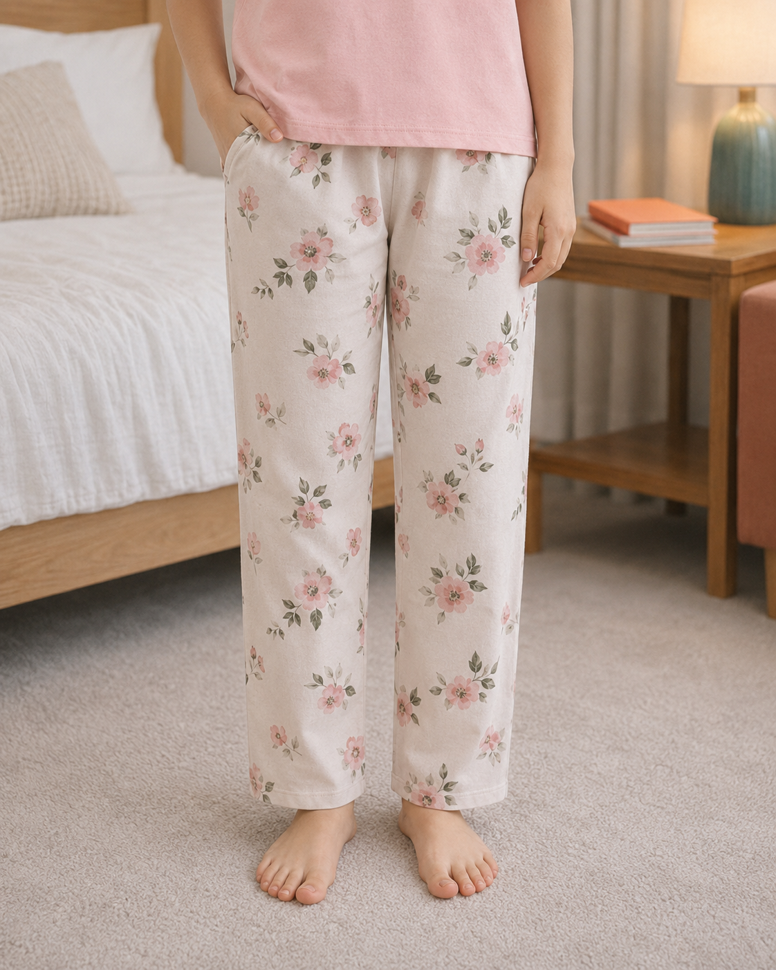Pink pocket  Printed pink T-shirt and whitevpajama
