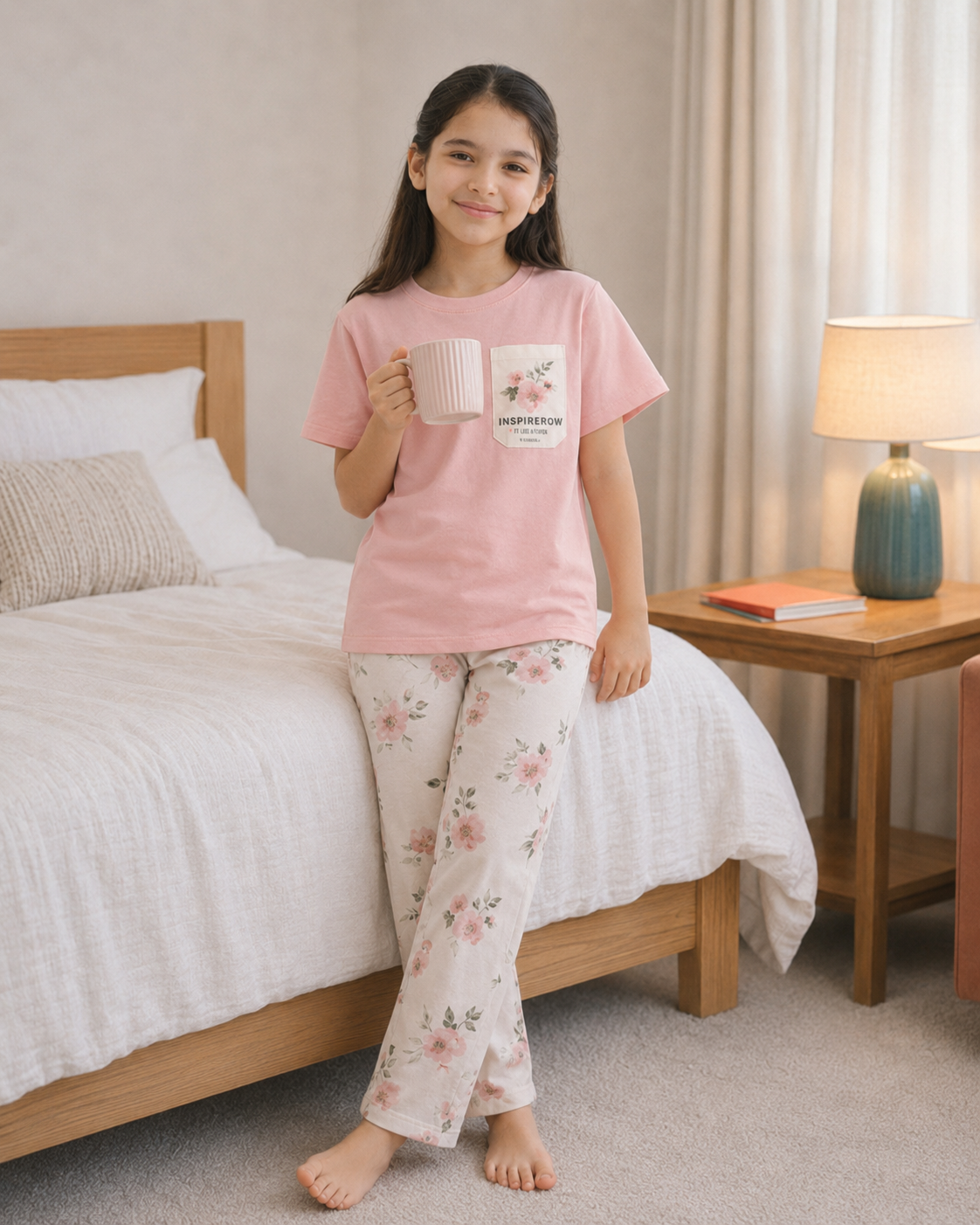 Pink pocket  Printed pink T-shirt and whitevpajama